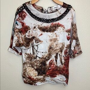 Sisley Red Brown Artistic Bows Mesh Print Top